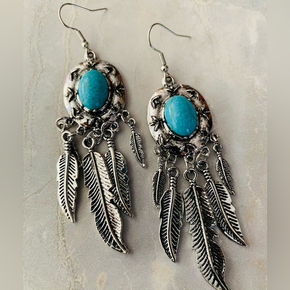 Jewelry - Silver and Turquoise Feather Dangle Earrings